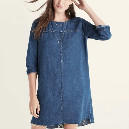 Frayed Step Hem Denim Chambray Shift Dress