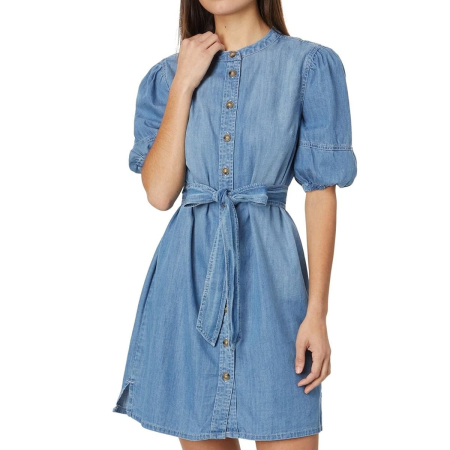 Womens Small Blue Hit The Scene Shirt Dress Denim Puff Sleeve