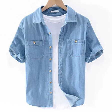 Mens Denim Short Sleeve Shirts, Lightweight Sky Blue Shirts, Casual Denim Shirt for Men, Comfortable Cotton Blend Chemise