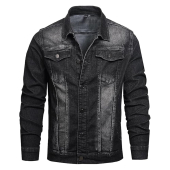 Mens Denim Jacket Vintage Jean Trucker Jacket with Leather Patchwork Multiple Pockets