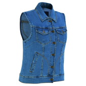 Womens Denim Vest Unique Raw Blue Motorcycle Vest with Snap collar & Multipurpose Pocket