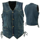 Mens Blue Denim Motorcycle Side Lace Vest with Quick Draw Pocket