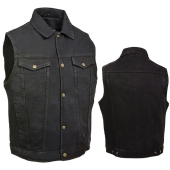 Mens Motorcycle Riding Shirt Collar Black Denim Vest 100% Cotton W/Gun Pockets