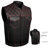Dream Apparel Mens Denim & Leather Motorcycle Vest for Riding w/ 2 Concealed Carry Pockets, Biker Vest Black Club Vest