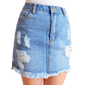 BLUE MINI DENIM SKIRT WITH RIPS & FRAYED HEM